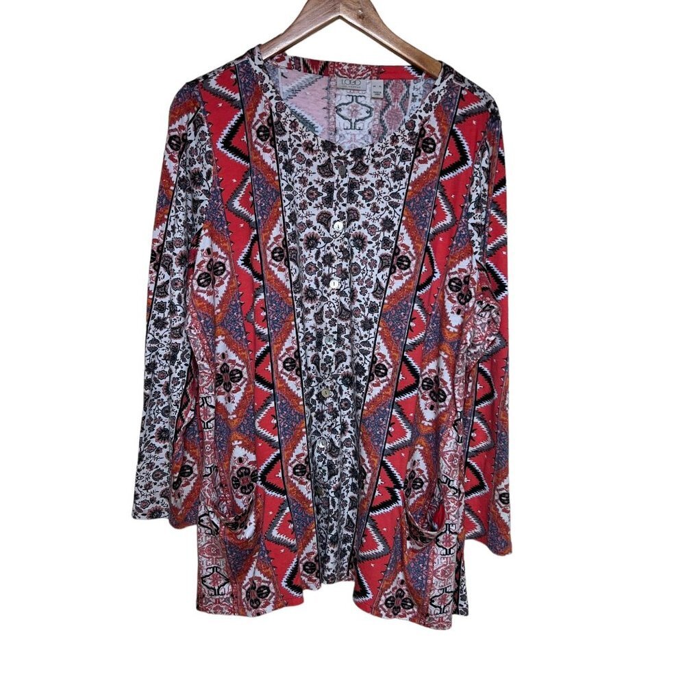 LOGO by Lori Goldstein Red Multi Print Open Front Tunic